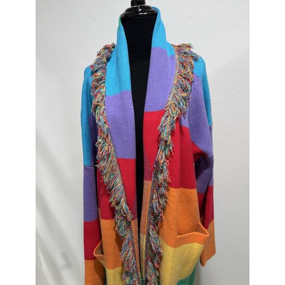 Dressed in LALA Luxe Fringe Blanket Cardigan in Chasing Rainbows Size S/M - Picture 5 of 9